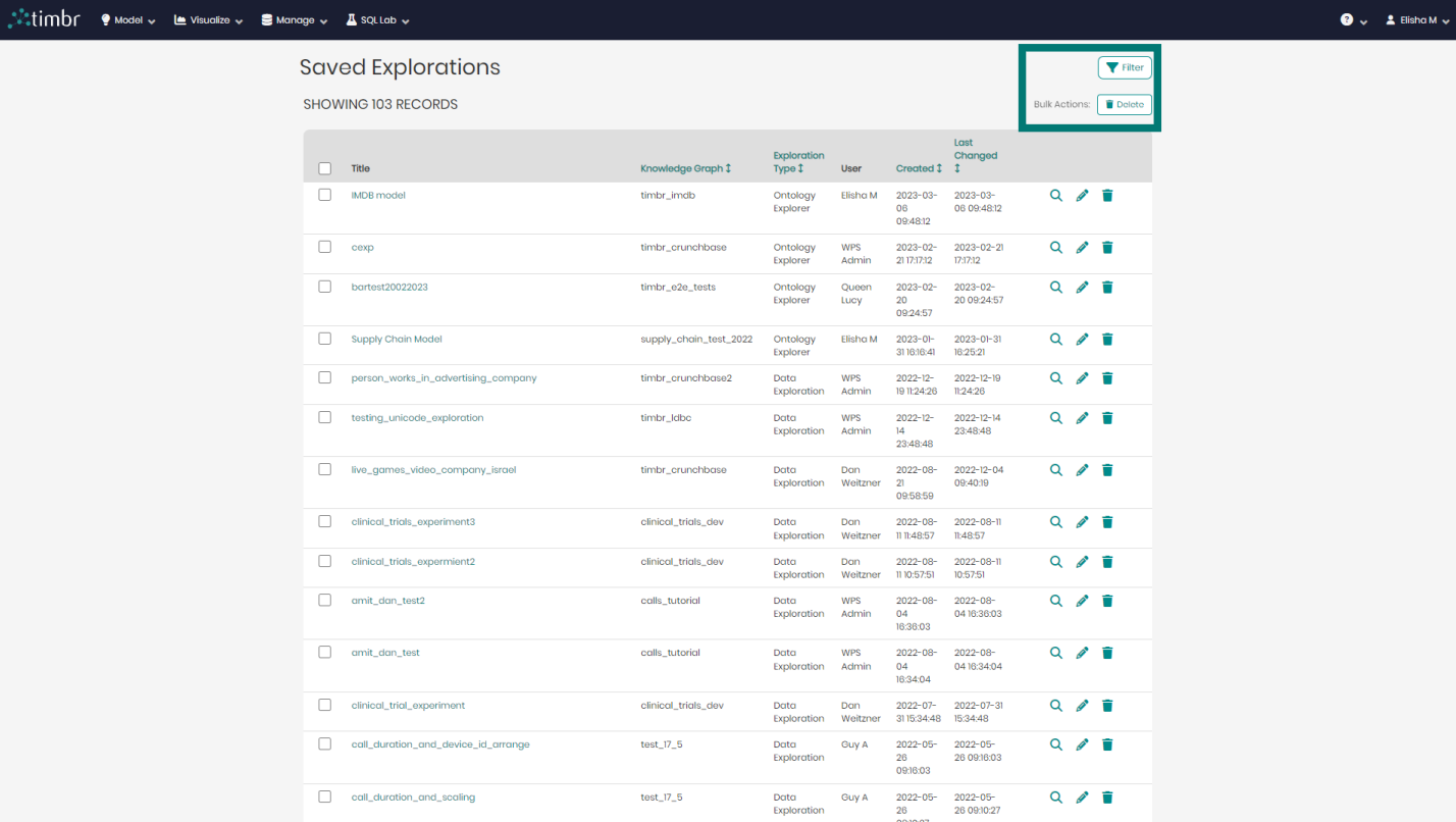 Saved Explorations - Top right options