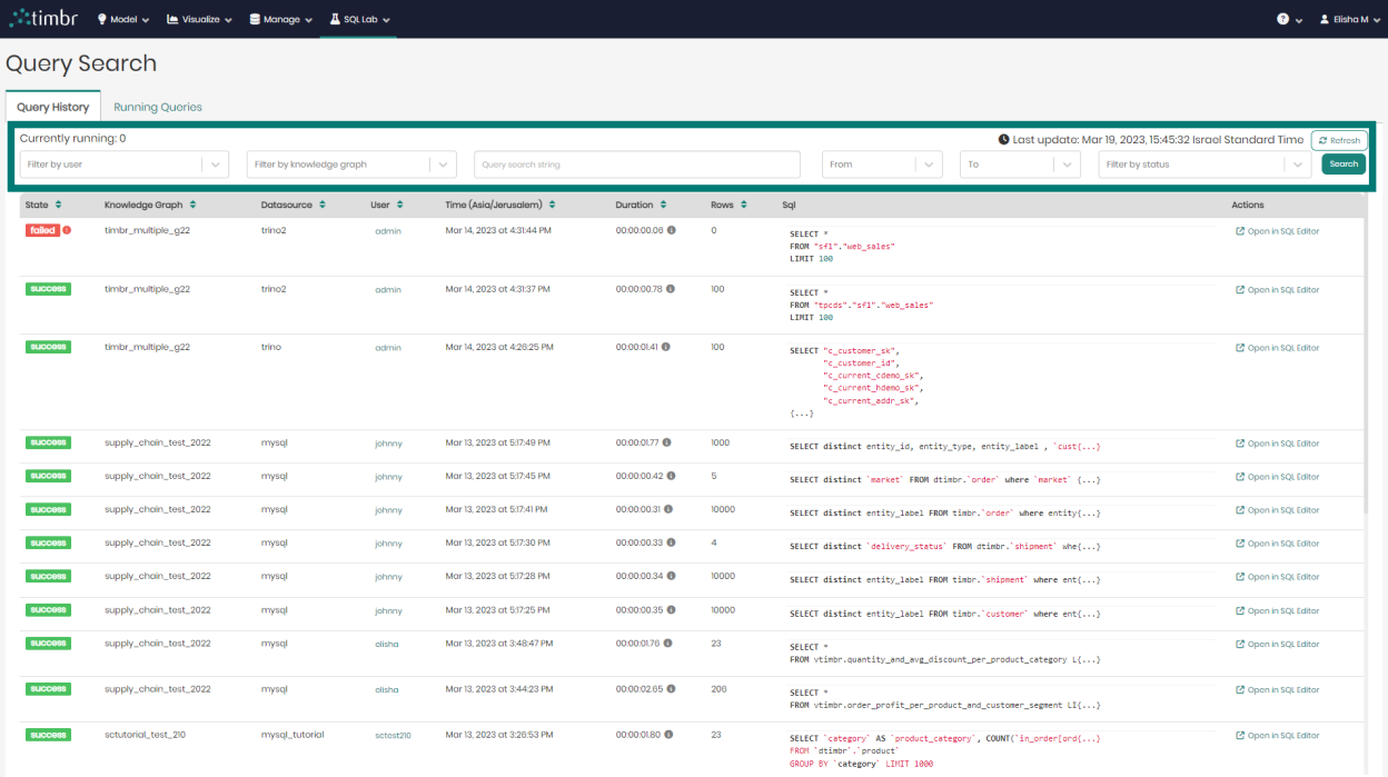 Query History upper pane